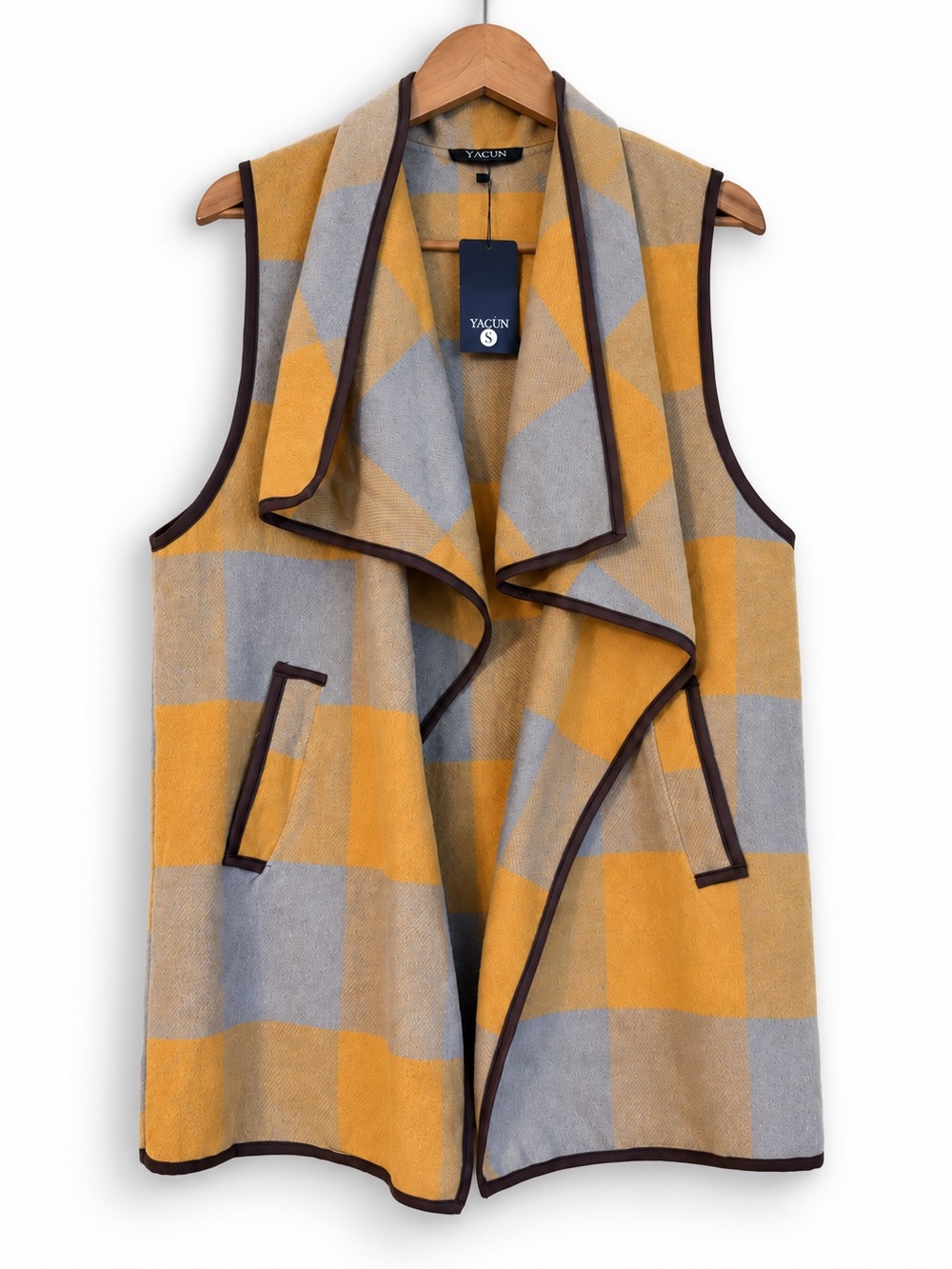 YACUN NWT Plaid Vest Lapel Open Front Sleeveless Cardigan S